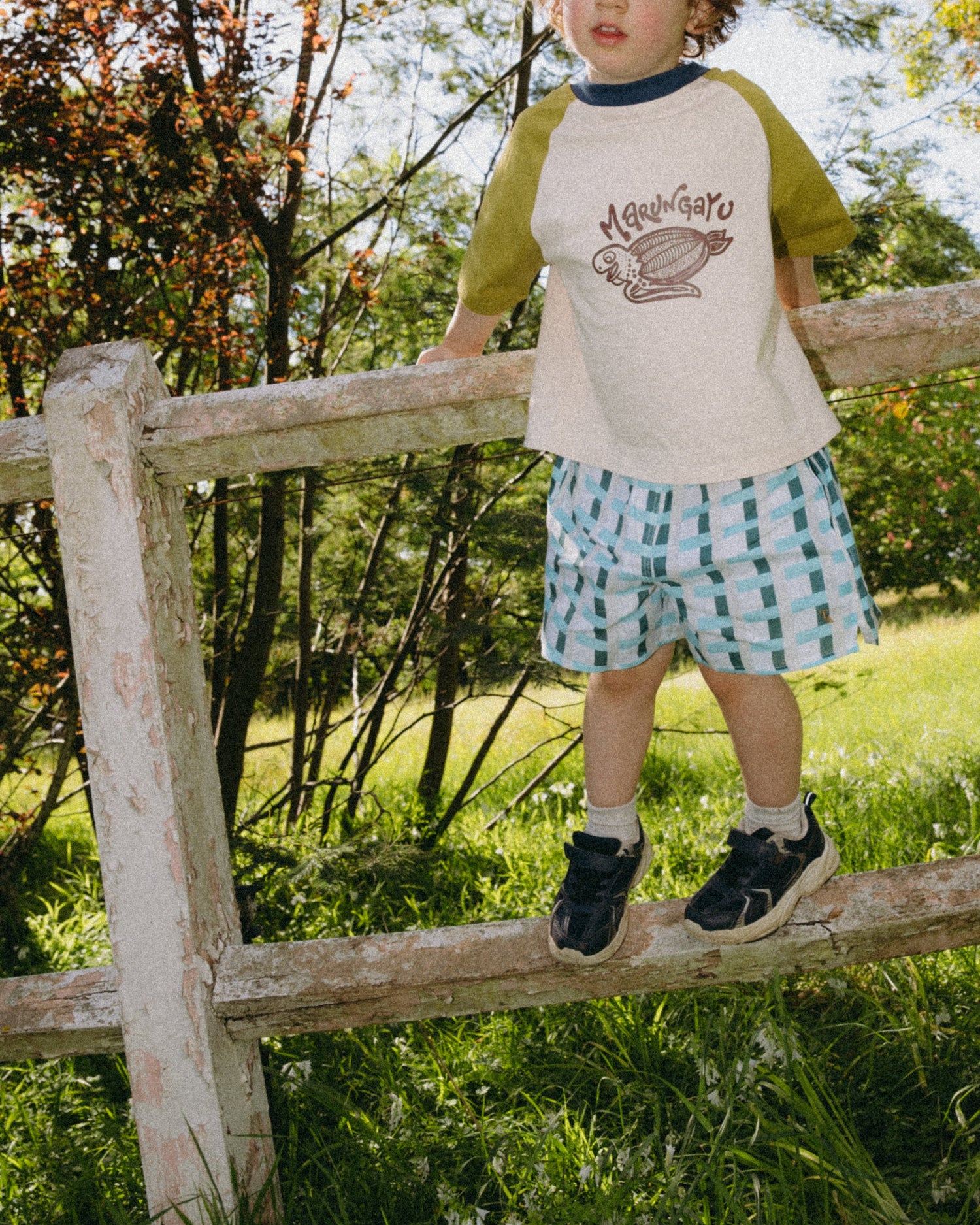 Child standing on a wooden fence in a grassy outdoor setting