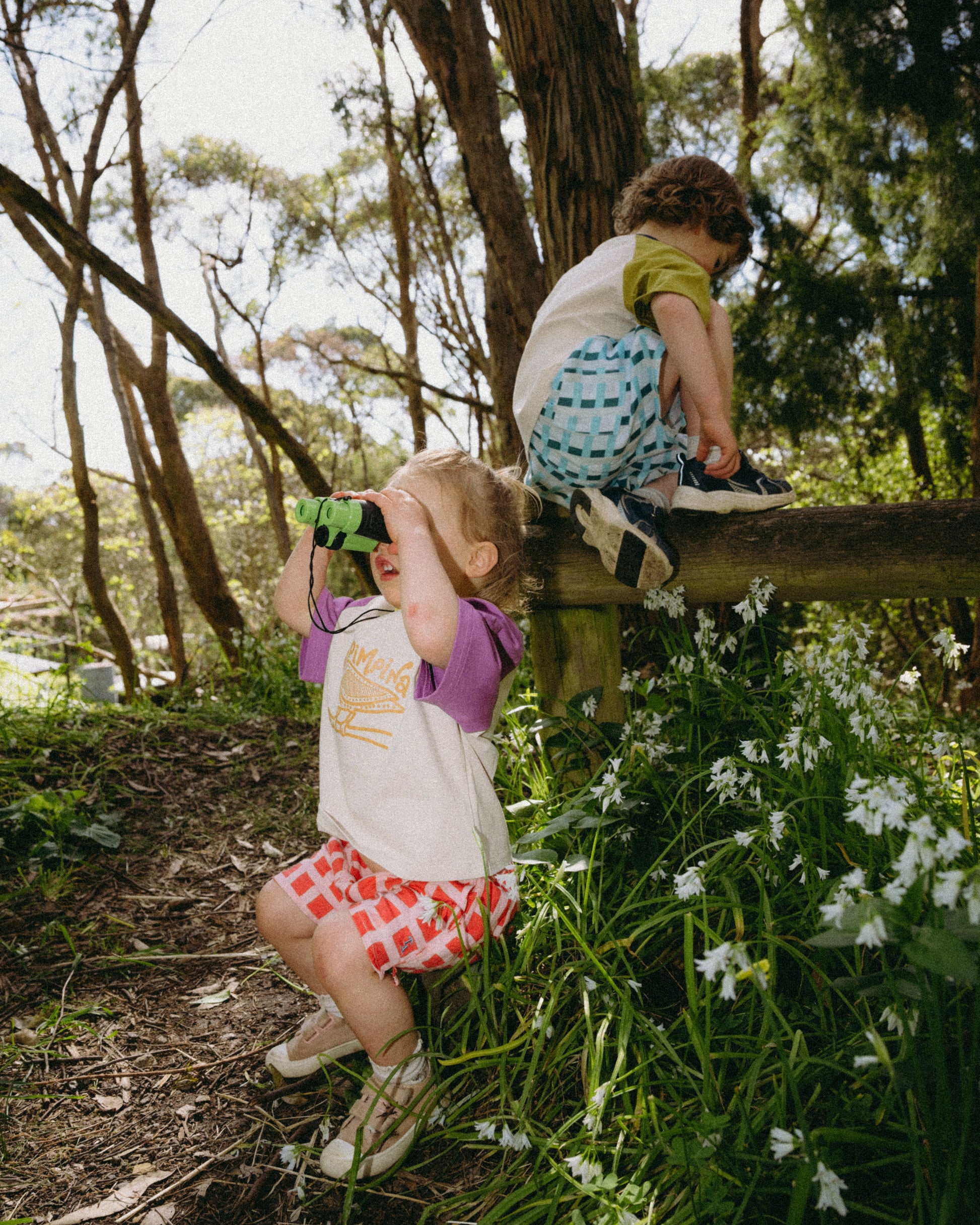 Two children playing on a log in a forest setting with flowers and trees around.