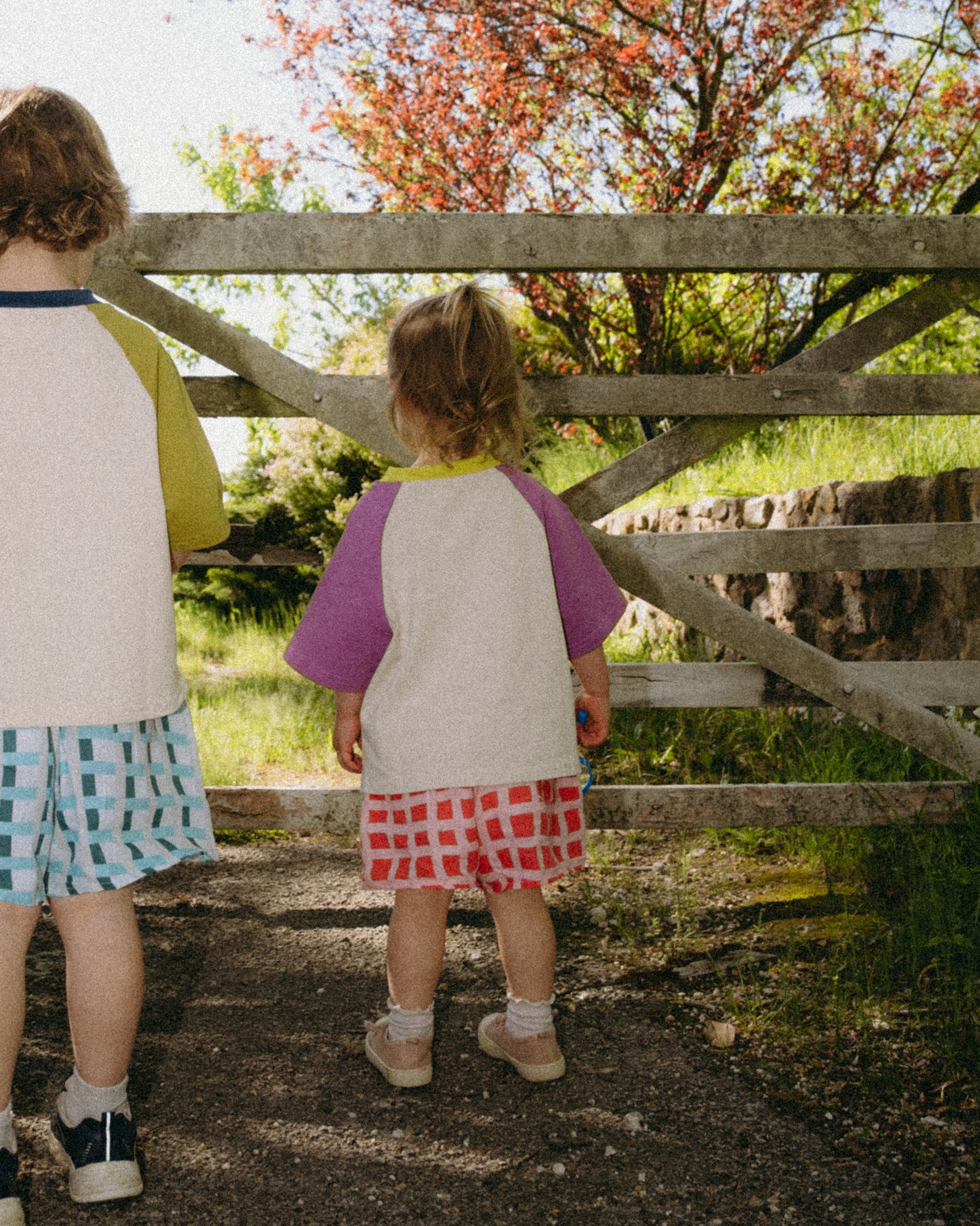 Two children standing in front of a wooden gate with trees in the background